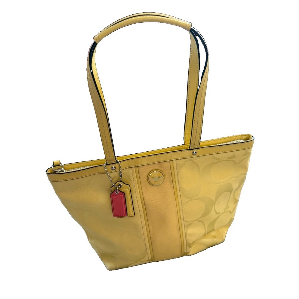 Coach Signature Stripe Tote F21950 Yellow Citrine Canvas Patent Handbag Designer